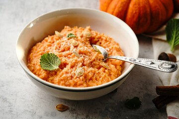 Homemade Pumpkin risotto - Thanksging Fall food, selective focus