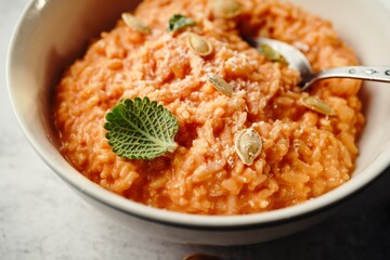 Homemade Pumpkin risotto - Thanksging Fall food, selective focus