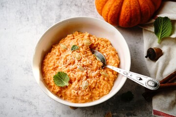 Homemade Pumpkin risotto - Thanksging Fall food, selective focus