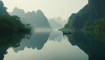 Chinese fishermen on wooden raft enjoy tranquil mountain reflection generated by AI - obrazy, fototapety, plakaty
