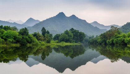 Fototapeta na wymiar Tranquil scene of mountain range reflects in calm water below generated by AI