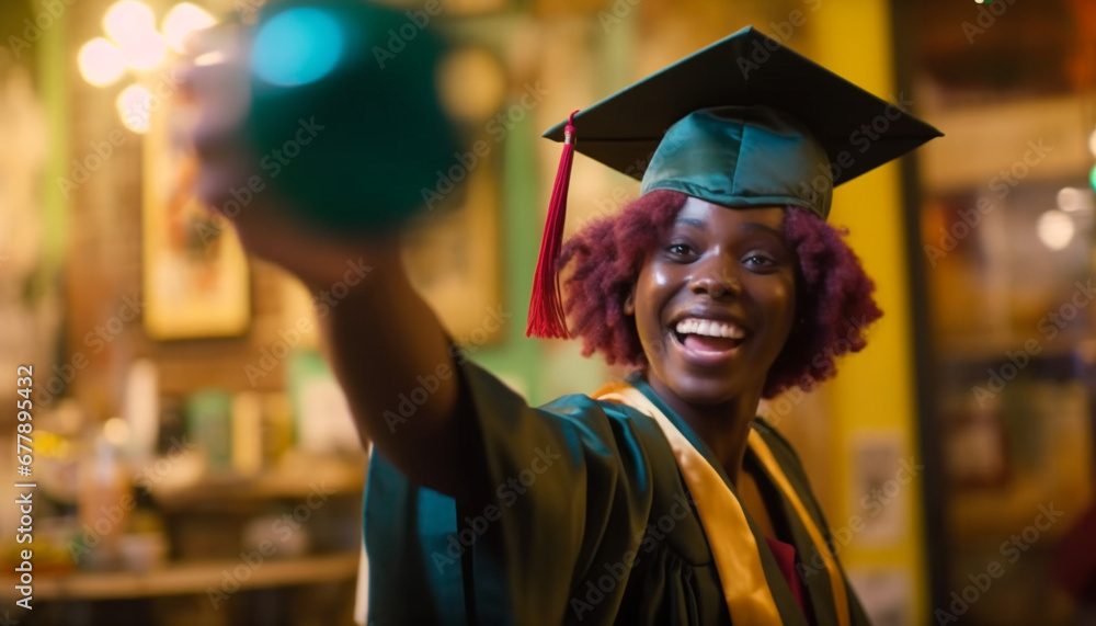 Wall mural Young African American woman celebrates success in graduation ceremony outdoors generated by AI