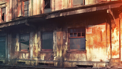 Abandoned factory, rusty steel, broken window, spooky night, dangerous ghetto generated by AI