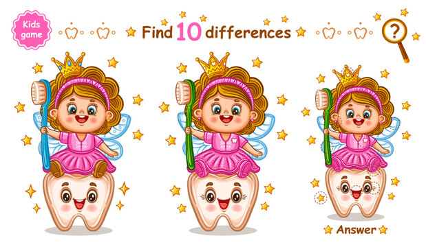 Cute magic tooth fairy princess butterfly with toothbrush, find 10 difference children education puzzle game. Fantasy elf character. Dental hygiene cleaning. Compare picture. Kid learning task. Vector
