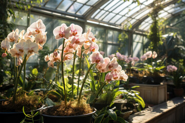 Exotic orchids and rare botanical specimens thriving in a greenhouse for conservation and...