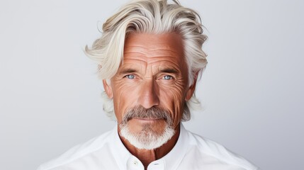 Portrait of a confident 60s 70s mid aged mature man looking at camera on white background. Caucasian bearded aging model man with serious expression. Fashion male older model. Beard style for senior - Powered by Adobe