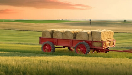 Obraz premium Golden hay bales roll through the rural landscape at sunset generated by AI