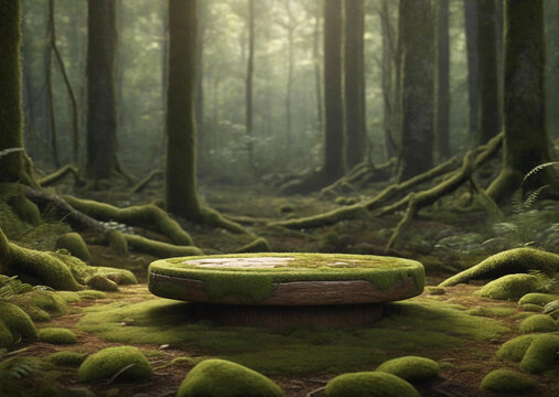 Round mossy wooden podium in a forest with blurred background