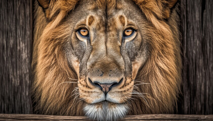 Majestic lion close up portrait, looking at camera with danger generated by AI