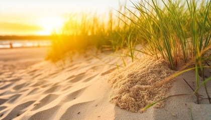Sun kissed sand dunes meet tranquil waters in tropical paradise generated by AI