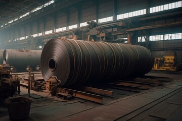 Huge metal coil in manufacturing. Generative AI - obrazy, fototapety, plakaty