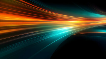 Fototapeta na wymiar A Vibrant colored light tails waves background with blue and orange streaking lights, modern light art backdrop design, dynamic illumination of the beauty technology 