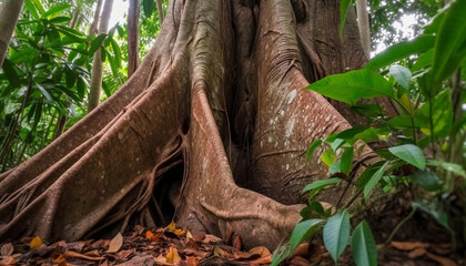 Vibrant banyan tree grows in tropical rainforest, surrounded by wildlife generated by AI