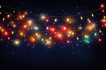 Fototapeta na wymiar Christmas warm colorfull garland lights over dark background with glitter overlay. Christmas Lights.