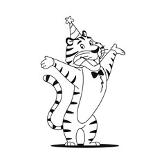 Coloring page. Cartoon cheerful happy tiger isolated on white background. Funny wild cat in party hat for kids preschool activity. Black and white outline sketch. Coloring book vector illustration.