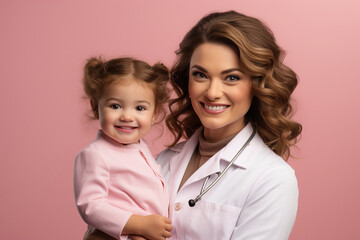 Woman doctor in white coat, holding happy child isolated in pink background