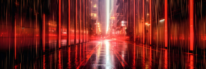 Naklejka premium Red city light reflection on wet traffic floor, dark mood skyscraper wallpaper backdrop, traffic light tails reflection in a rainy midnight Metropolitan 