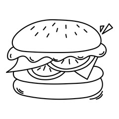 Doodle burger line art element. Vector element with food theme and doodle hand drawn style. Illustration.
