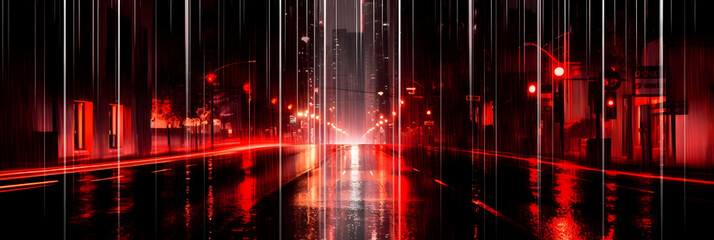 Red Glowing Streets in a rainy metropolis, traffic light surrounded by Skyscrapers, neon lights reflections on wet concrete floor