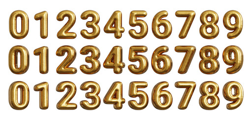 Set of golden inflated balloons numbers or digits, with angle variations. 3d render.