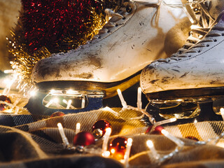 Figure skates with a Christmas decorations. Christmas gift.