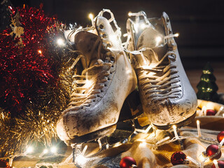 Figure skates with a Christmas decorations. Christmas gift.