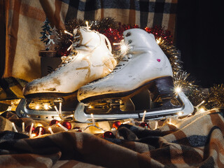 Figure skates with a Christmas decorations. Christmas gift.