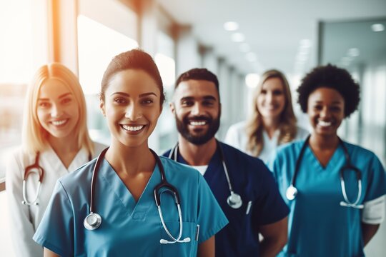 A Group Of Medical Professionals, Including Doctors, Nurses, And Support Staff, Standing Together