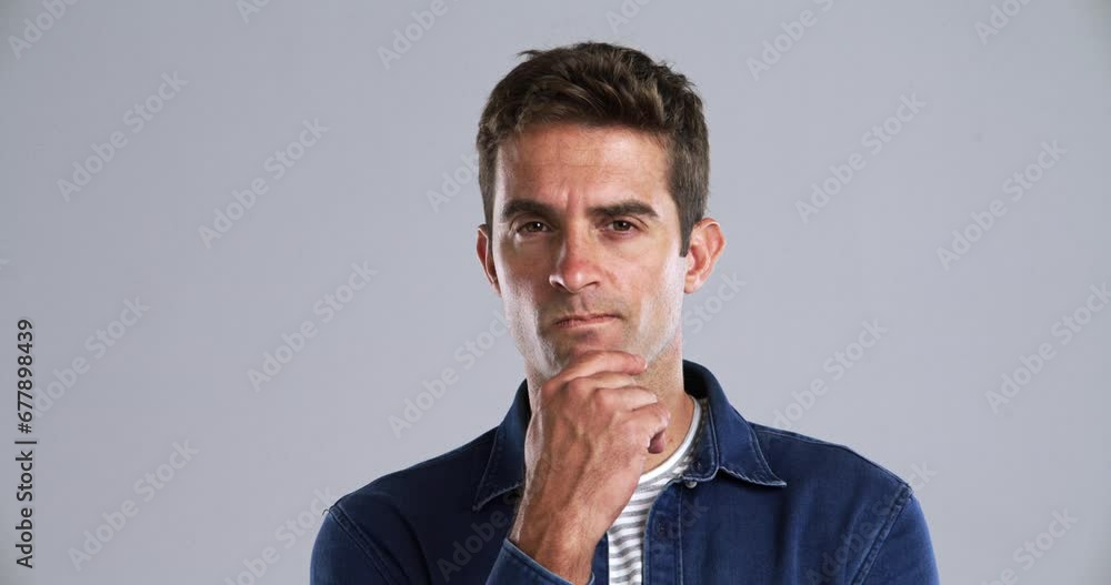 Poster Thinking, solution or man with ideas, face or questions with model on grey studio background. Person, memory or portrait with inspiration, problem solving or planning with insight, remember or doubt