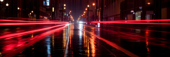 Fototapeta na wymiar Red city light reflection on wet traffic floor, dark mood skyscraper wallpaper backdrop, traffic light tails reflection in a rainy midnight Metropolitan 