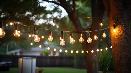 Outdoor string lights hanging on a line in backyard