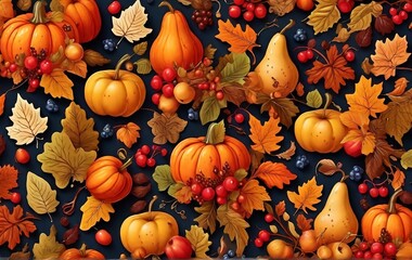 Harvest Seamless Pattern with autumn leaves pumpkin, berries, apples, pear for thanksgiving day  created with generative ai