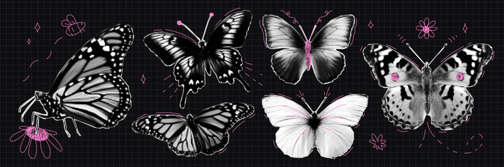 Halftone butterflies with cute doodle elements. Trendy cutout elements for collages.