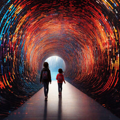 Binary code, streams of information form a tunnel through which the child walks.