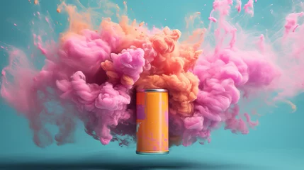 Foto op Aluminium Pink aerosol can with cloud of colored powders, in light orange and teal, colorful explosions, striking composition © Boraryn