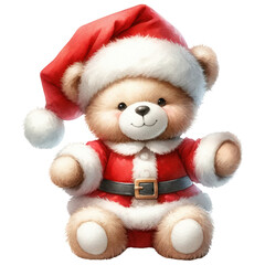 Cute Christmas Santa Claus Teddy Bear Doll, Father Christmas, Watercolor, Festive Decoration Isolated on Transparent Background. Generative AI