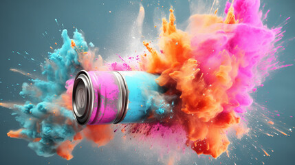 Pink aerosol can with cloud of colored powders, in light orange and teal, colorful explosions, striking composition