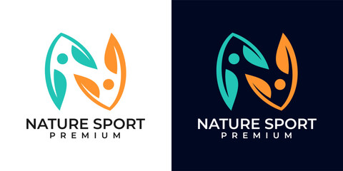 Obraz premium Letter N leaf people logo design. Human body icon design vector template. Initial N nature logo icon design. Medical, health care, yoga, wellness. Vector illustration design.