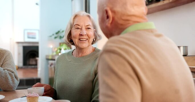 Tea party, elderly friends and laughing with people in a retirement home together for bonding in the morning. Smile, funny and a group of happy seniors chatting in the living room of an apartment