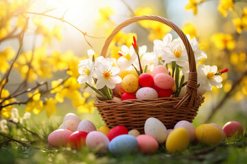 Sunny Spring Easter Basket with Colorful Eggs and Blooming Flowers