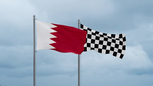 Bahrain flag and racing checkered flag waving together on cloudy sky, endless seamless loop