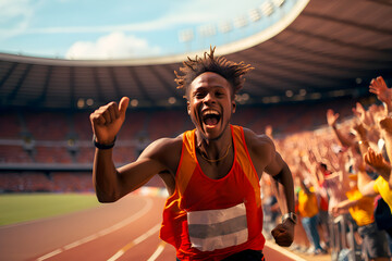 african olympic runner celebrating victory after a race on olympic stadium track - obrazy, fototapety, plakaty