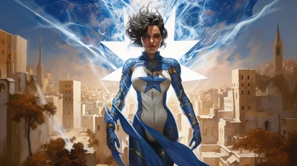 Tuinposter Character game. A heroine with the colors of the Israeli flag. White and blue uniform. © Jacques Evangelista