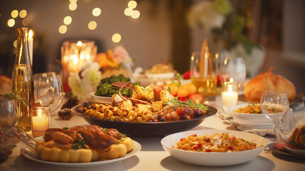 Thanksgiving dinner table full of dishes with food and snacks..