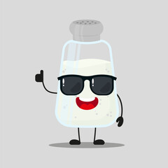 Cute happy salt character wear sunglasses. Funny ingredient greet friend cartoon emoticon in flat style. closet vector illustration