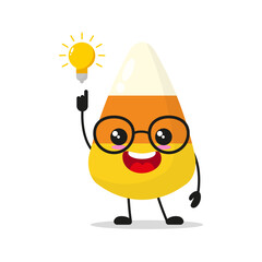 Cute smart corn candy character. Funny sweet got inspiration idea cartoon emoticon in flat style. closet vector illustration