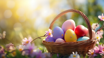 Sunlit Easter Basket with Decorated Eggs Amidst Spring Blooms