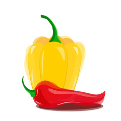 Yellow bell peppers and red hot chili peppers. Vector
