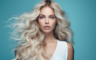 Fototapeta premium Model woman with long wavy blonde hair, studio background