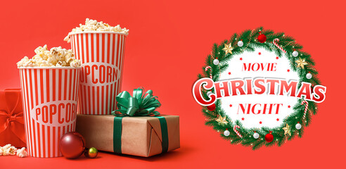 Christmas banner with buckets of popcorn and gifts on red background
